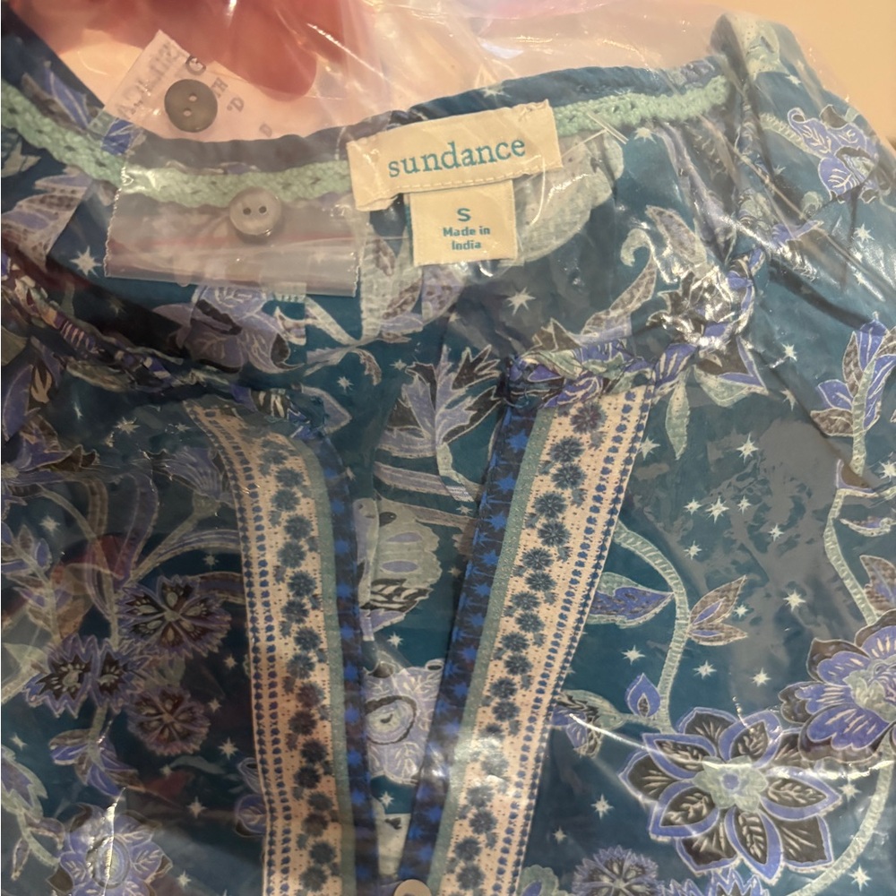 Sundance ‘Arvilla’ blue cobalt v-neck long sleeve floral boho blouse Small NEW - Picture 4 of 6